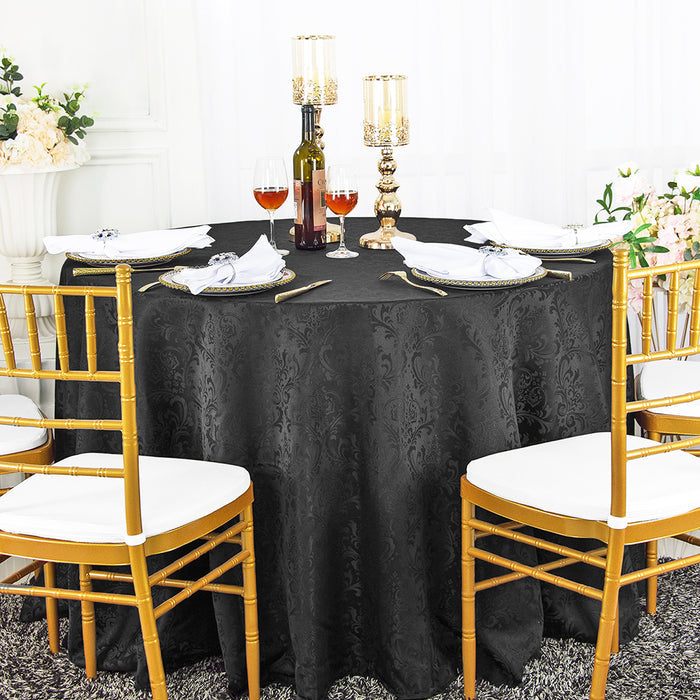 132" Seamless Round Floral Damask Jacquard Polyester Tablecloth - Black (1pc)