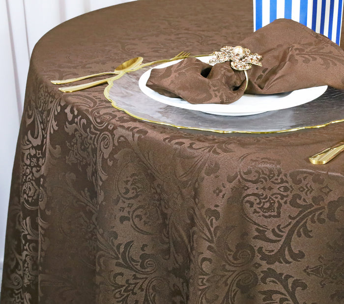 132" Seamless Round Floral Damask Jacquard Polyester Tablecloth - Chocolate (1pc)