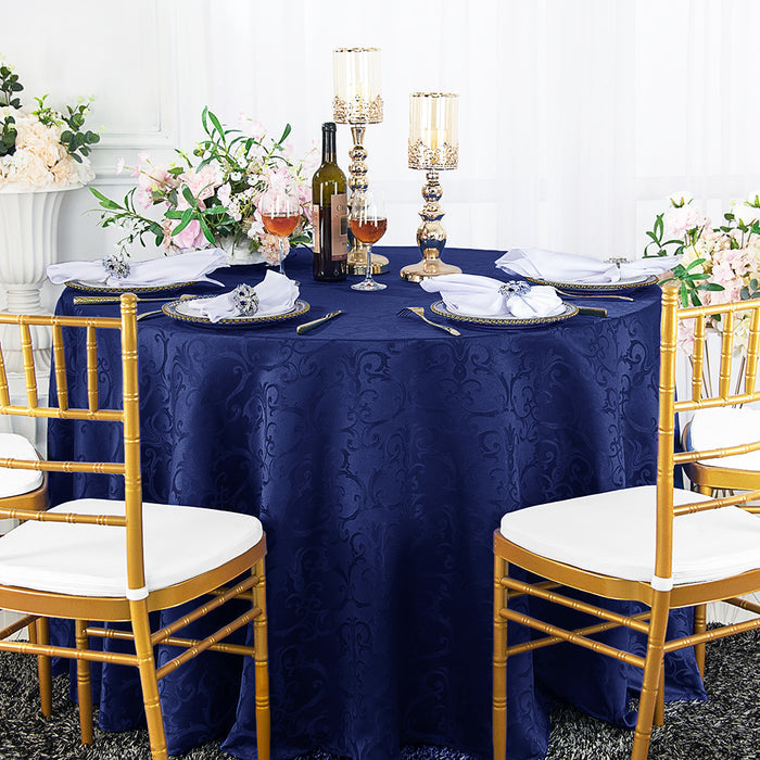 132" Seamless Round Versailles Chopin Damask Jacquard Polyester Tablecloth - Navy Blue (1pc)