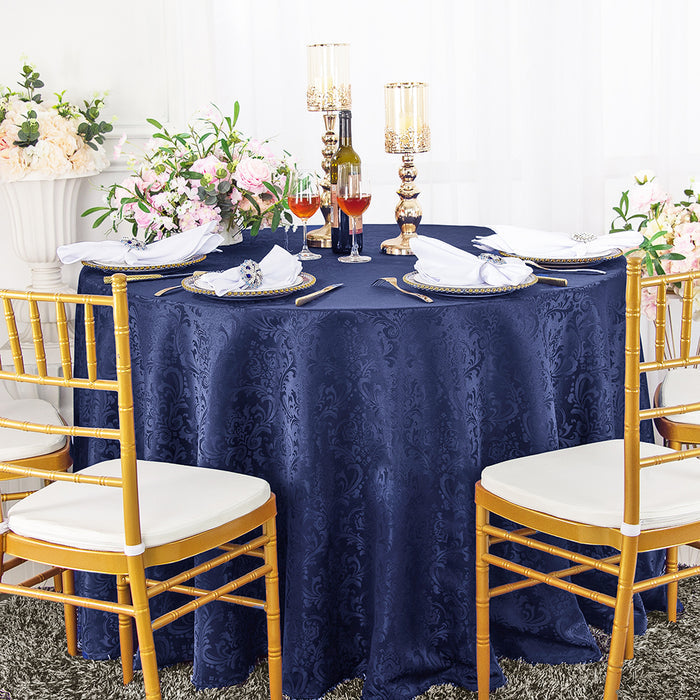 90" Seamless Round Floral Damask Jacquard Polyester Tablecloth - Navy Blue (1pc)