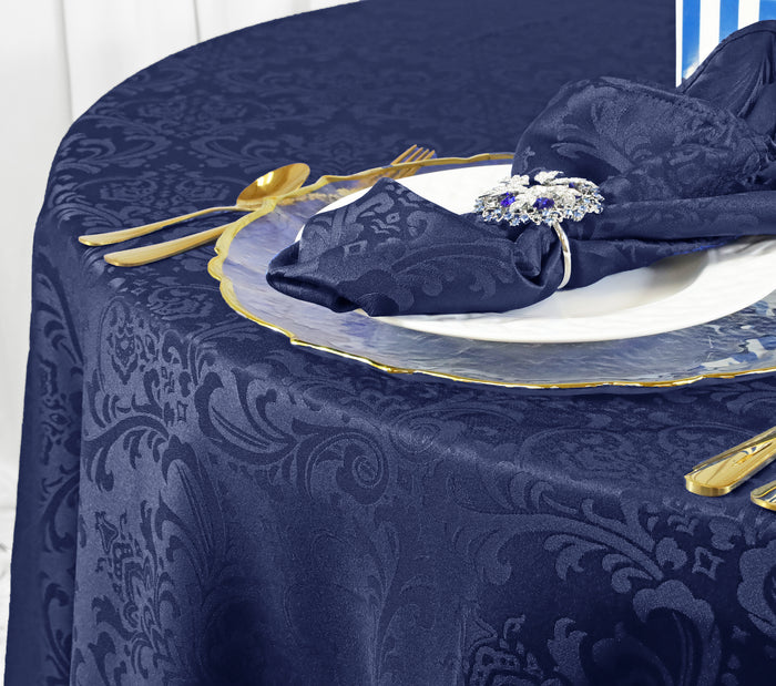 90" Seamless Round Floral Damask Jacquard Polyester Tablecloth - Navy Blue (1pc)