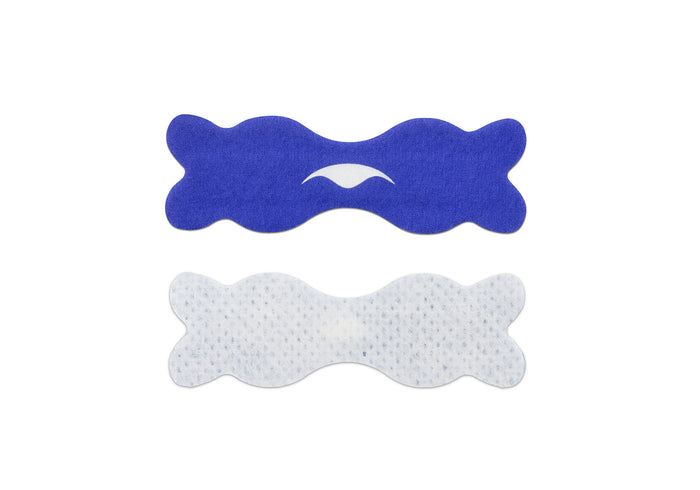 Front view of a blue Manta nasal strip with a white logo on top, next to a white textured strip showing the adhesive side.